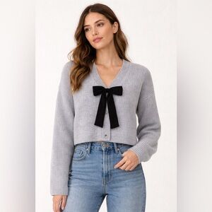 New miss sparkling gray cropped cardigan sweater S M L with bow